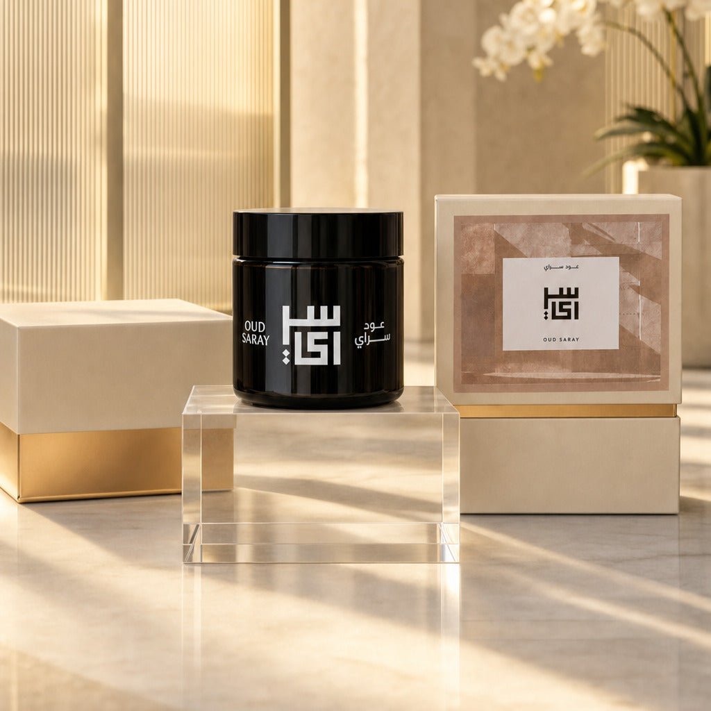 Dukhoon Khas bakhoor jar and gift box by Oud Saray