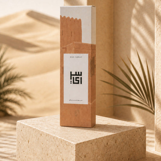 Oud Khayal incense sticks box by Oud Saray on a stone pedestal