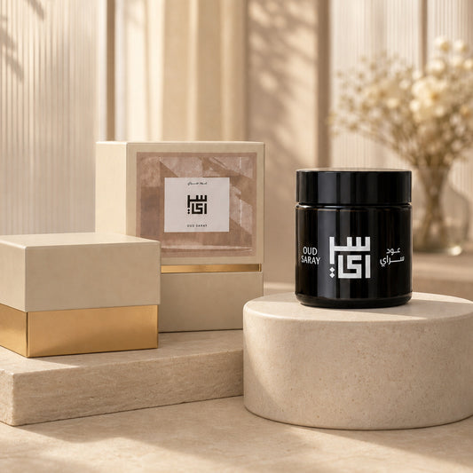 Dukhoon Raqi bakhoor jar and gift box by Oud Saray