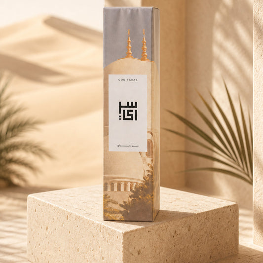 Oud Fataan incense sticks box by Oud Saray on a stone pedestal