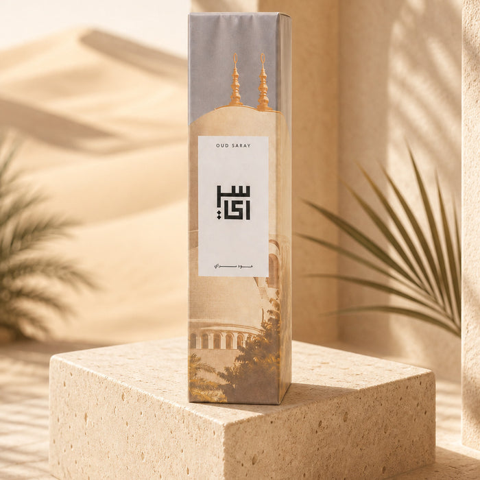 Oud Fataan incense sticks box by Oud Saray on a stone pedestal